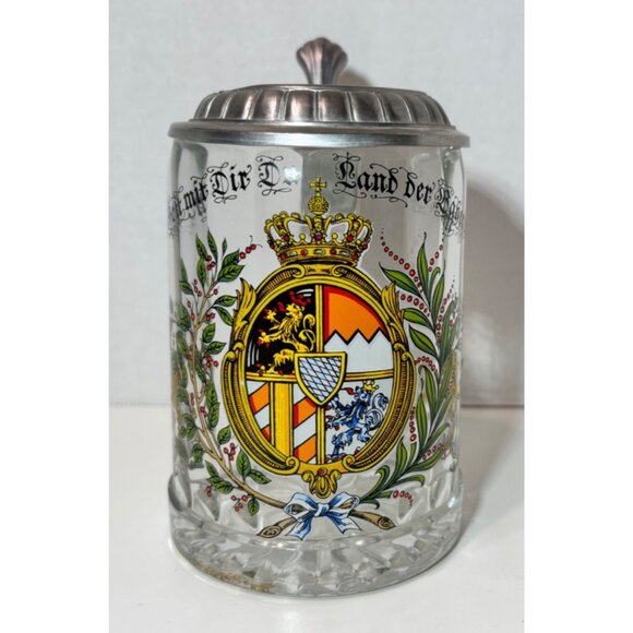 Other - Vintage German Glass Beer Stein With Lid & Bavaria Coat Of Arms Design